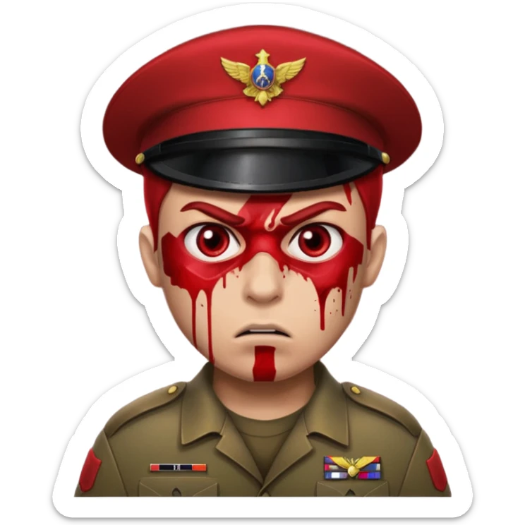 soldier with red skin tone, angry expression, blood splatter on left cheek sticker