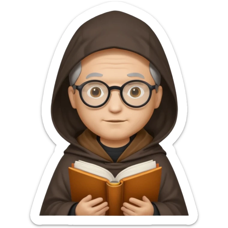 Monk priest prayer black habit with hood round black glasses done light brown wavy hair under hood remove the medallion smaller more round glassed age 46 no necklace more oval face hand holding book that says RB 480 top left is great add a little hair brown gray under hood  sticker