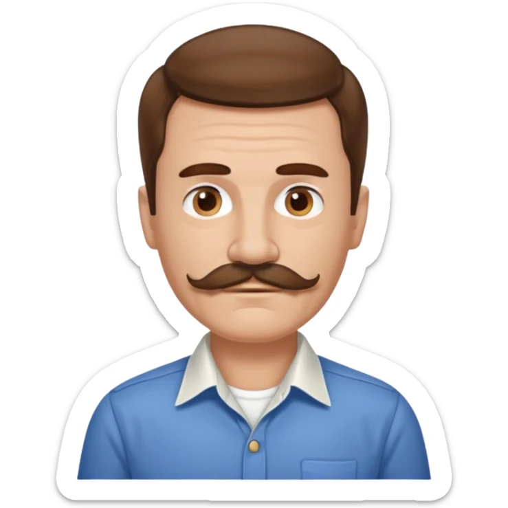 man with mustache, brown hair, 50 years old, shirt, high temple sticker