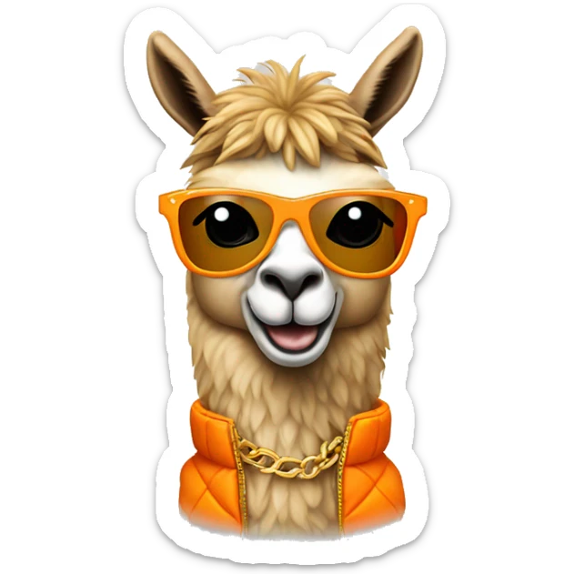llama wearing an orange puffer vest and sun glasses gold chain sticker