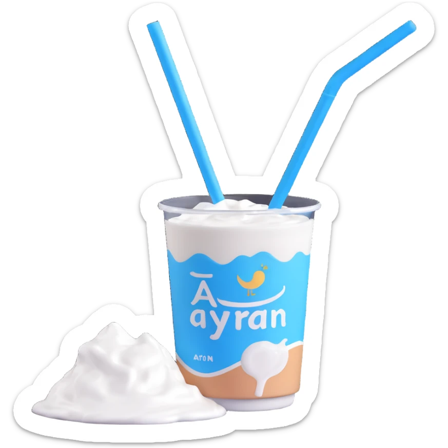 A small carton of Turkish yogurt drink (ayran) with a straw, white and blue packaging sticker