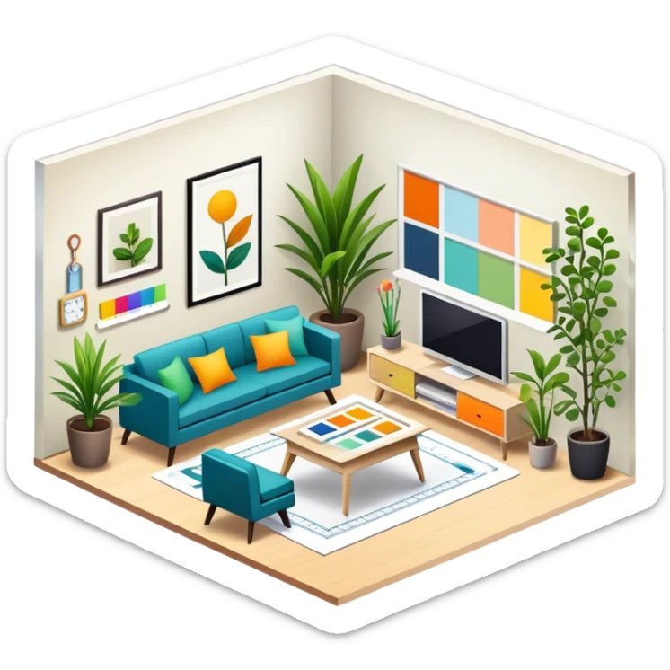 Icon for Interior Design: a modern room layout with furniture, plants, and decor items, with a color palette and design tools like a ruler and measuring tape. The icon should represent creativity, space planning, and aesthetic design. Transparent background. sticker