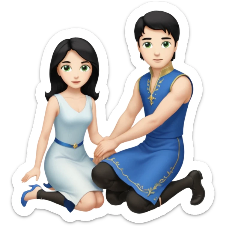 prince, upright, black Hair, blue eyes, garment,  woman, bending knee, white sleveless dress, blonde hair, green eyes, sticker