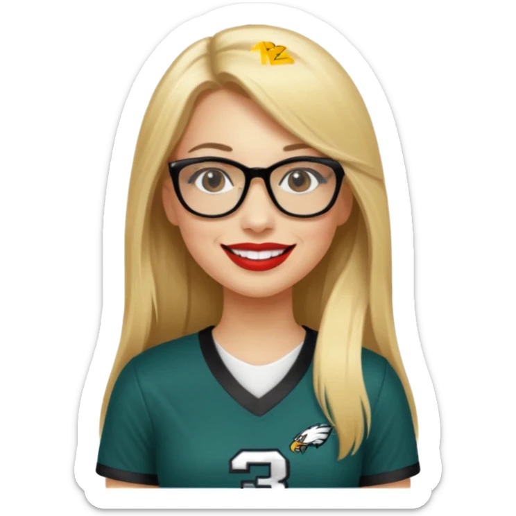 long blonde straight hair, black small glasses, smiling, lipstick, full length eagles football uniform, 33 sticker