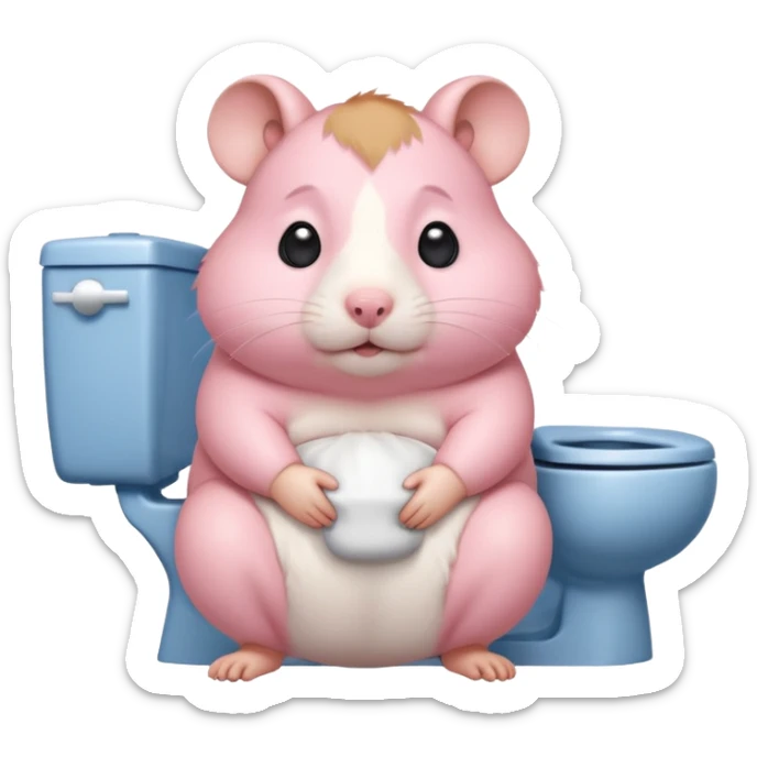 Cute chubby cartoon-style hamster sitting on toilet pooping looking as if he had an accident sticker