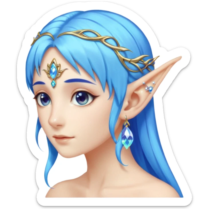 portrait of blue haired Elvish fae shiny sparkly iridescent translucent diaphanous ear climber ear cuff sticker
