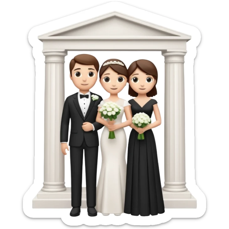 A 3D cartoon courthouse wedding venue with a bride and groom standing at the entrance, elegant white columns, soft natural lighting, simple modern decor, minimal background, realistic Memoji-style rendering. sticker