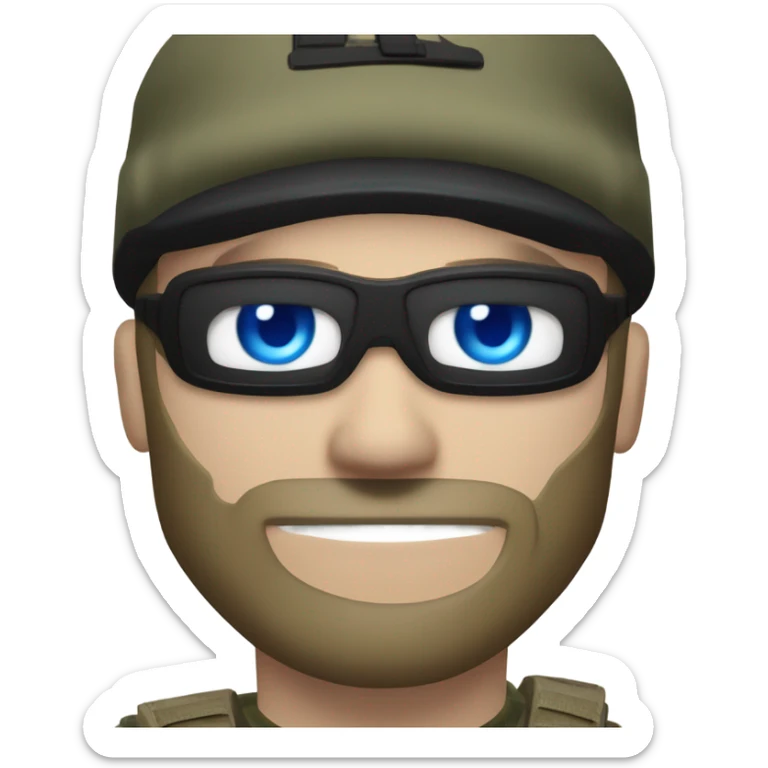 White male, call of duty black mask, camo tactical gear, tan combat boots, black beanie, blue eyes sticker