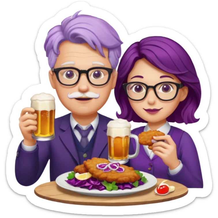 German man with glasses and woman with glasses eating schnitzel, red cabbage, potatoes, and drinking a beer sticker