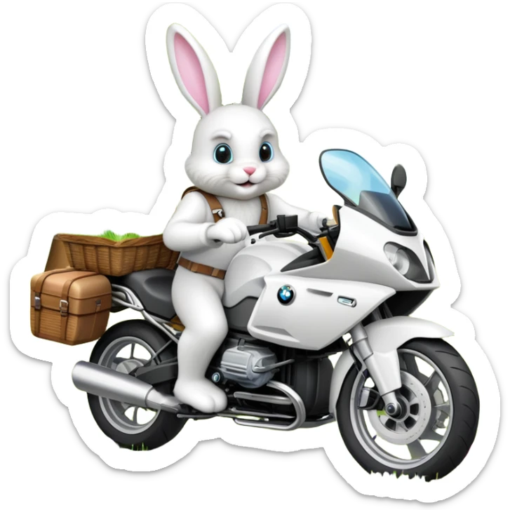 Easter bunny riding a BMW boxer motorcycle with trees and grass in the background and colorful Easter eggs hidden in the grass sticker
