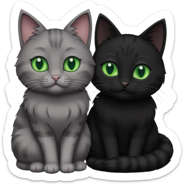 1 grey cat with green eyes and 1 black with green eyes cat cuddling sticker