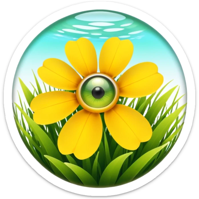 yellow flower in a grassy area with a bright sun in the sky, fish eye lens effect sticker