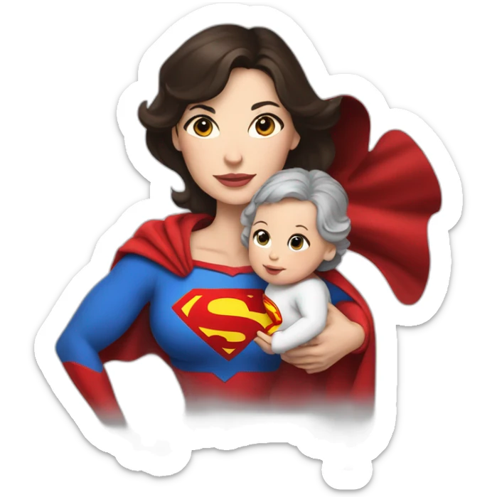 mother white skin brunette dressed as Superman with a cape holding a baby sticker