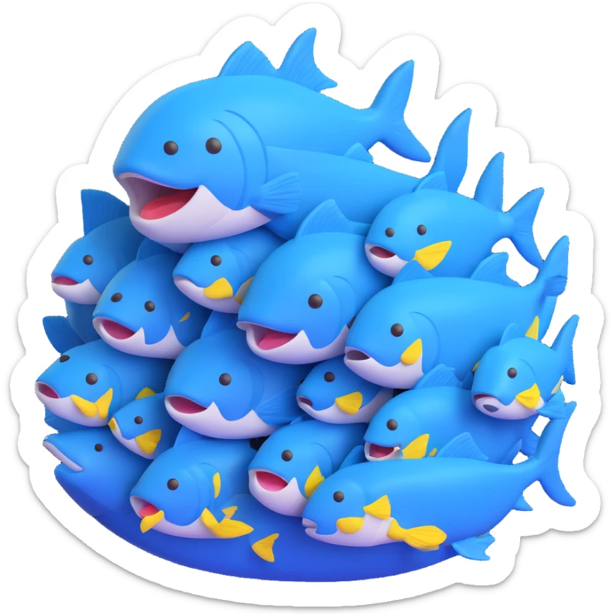 large pile of blue fish, 3D emoji style, no pedestal sticker