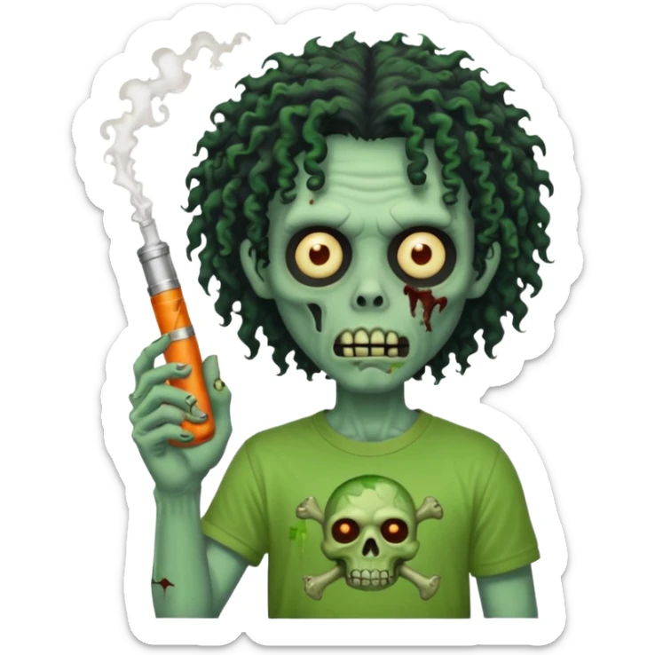 black mid long curly haired zombie getting stoned with weed t shirt and bong on his hand sticker