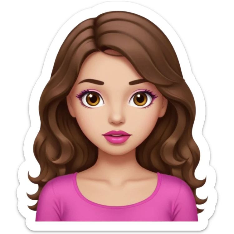 girl with long wavy brown hair, brown eyes, light to medium complexion, in a pink sexy top, pink lips, long lashes, puckered lips, what ever sticker