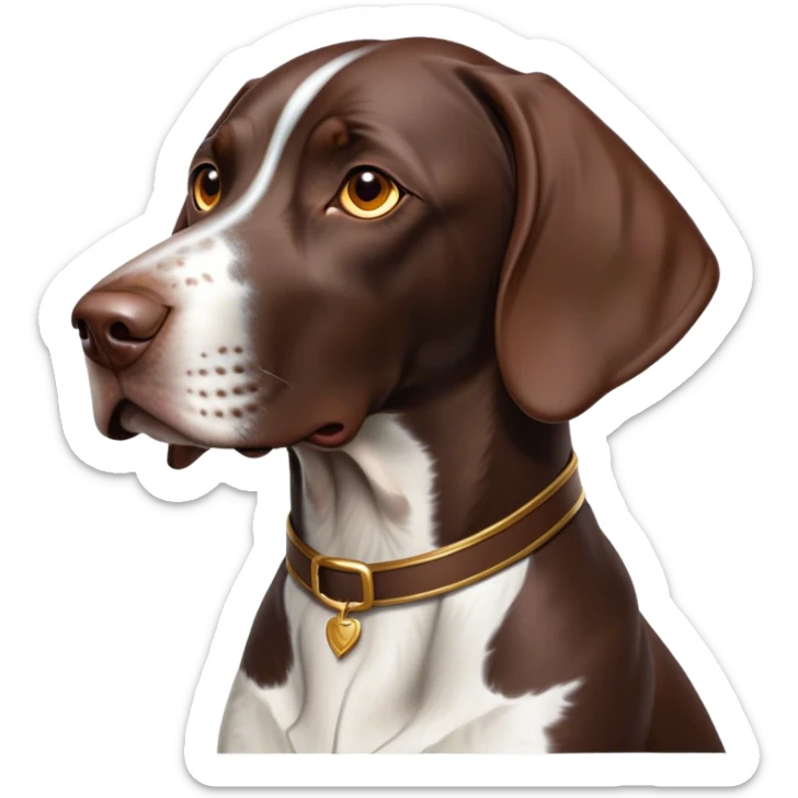Cinematic Noble German Pointer Portrait Emoji, Poised and regal, with a lean, athletic build and a sleek, short coat in liver and white, deep-set soulful brown eyes, Simplified yet sharp and sophisticated features, highly detailed, glowing with a soft, dignified glow, high shine, intelligent and driven, stylized with an air of determination, focused and attentive, soft glowing outline, capturing the essence of a watchful and commanding hunter, so majestic it feels as though it could sprint out of the screen with effortless authority! sticker