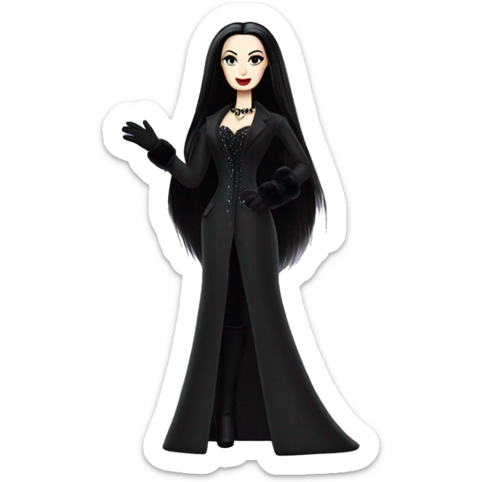 Dazzling Winter Barbie Morticia Addams .  Wearing coat gloves boots  sticker