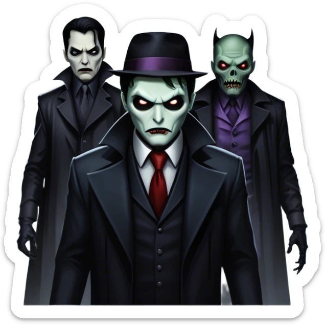 Icon for Thriller Movies: A large, dramatic collage featuring sinister villains and zombies in dark clothing. The background shows the gloomy cityscape of Gotham with dim lighting and eerie shadows. The atmosphere should be tense, mysterious, and suspenseful. Transparent background. sticker
