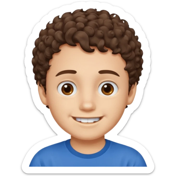 Boy with fair skin, short curly brown hair, brown eyes, smiling without showing his teeth.
 sticker