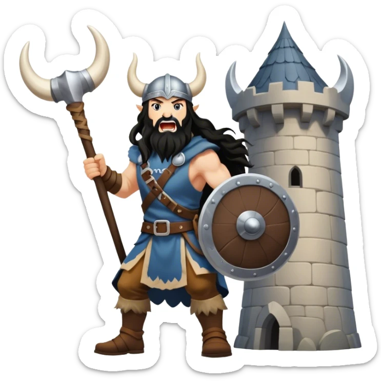 vikingo, con cuerno de vaca, pelo negro ondulado, de pie, grito de guerra en torre de Asgard. sticker