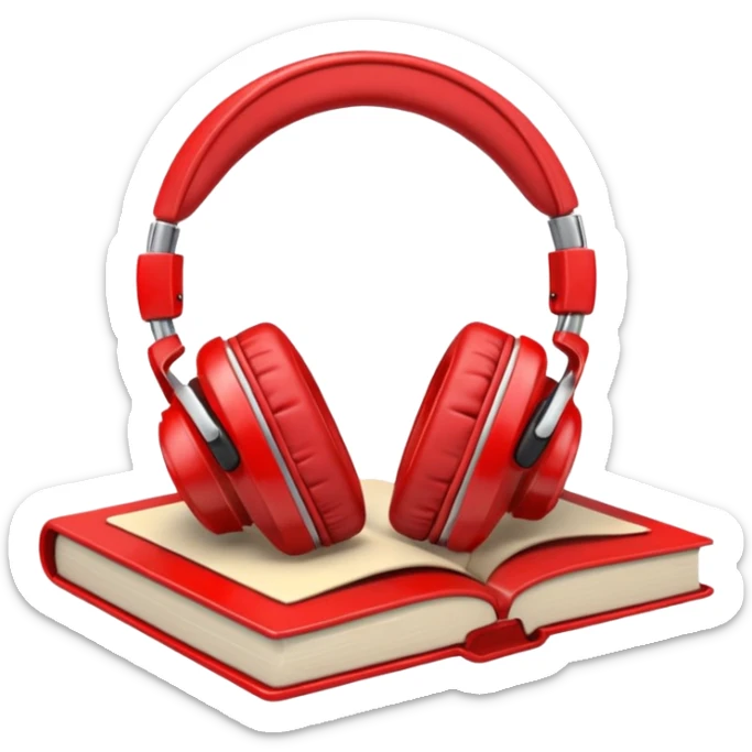 Red headphones laying on a closed red book emoji sticker