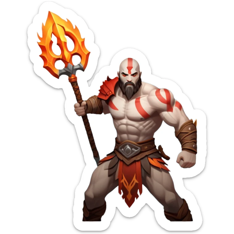An icon showing a powerful warrior wielding a weapon, inspired by God of War: Ragnarok. The design captures the character’s strength, with dynamic motion lines. A fiery, mythological background with mountains and ruins enhances the epic atmosphere. Transparent background. sticker