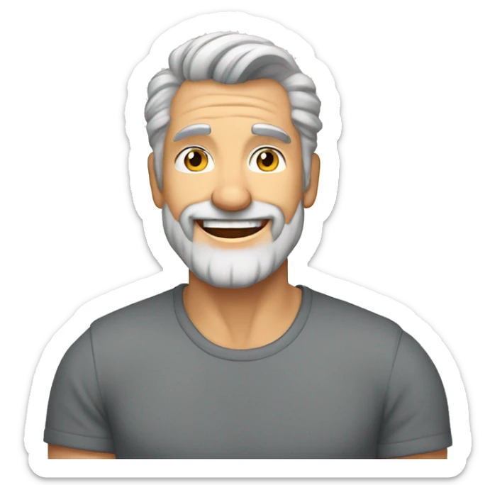 mid 50s dad, grinning, muscular, with beard, grey hair, portrait, wearing v necj t shirt sticker