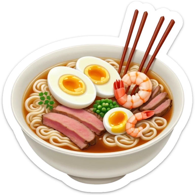 A bowl of ramen with sliced beef and chives and egg and some fried shrimp  sticker