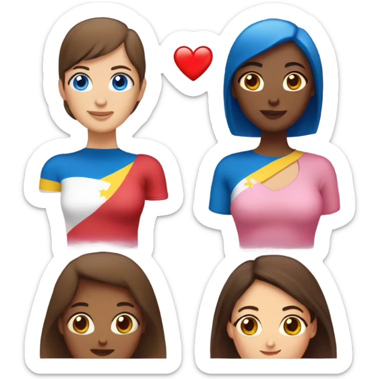 two ladies in love with a heart. the one on the left is a white lady with blue eyes and a brown bob with a pink shirt. the second is a venezuelan lady with brown eyes and dark brown hair with a red dress sticker