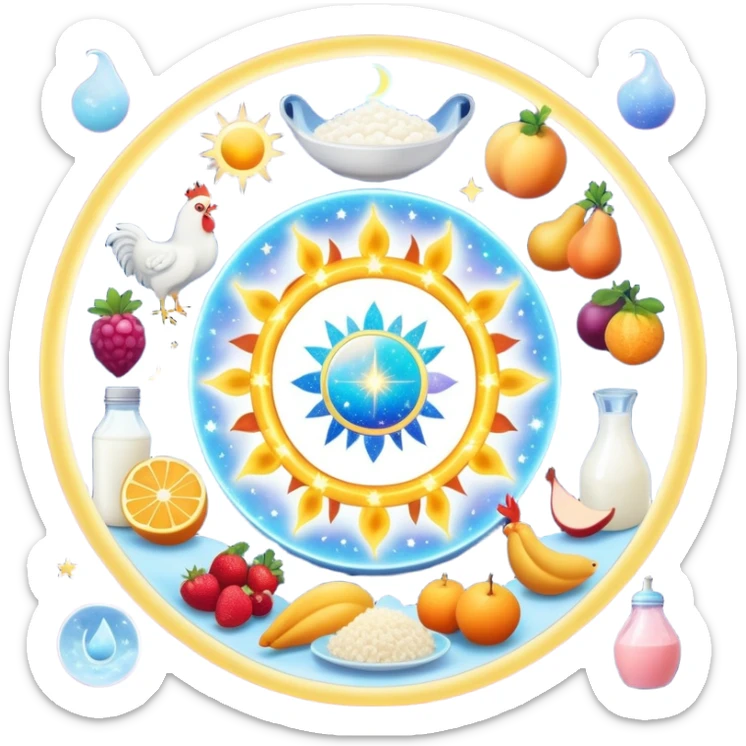 Magical daily fitness nutrition schedule with ethereal water bottle, celestial sun, enchanted chicken and rice plate, mystical gym equipment, glowing yogurt, sparkling fruits, and dreamy sleep symbol, all arranged in a cosmic circle with starry aura sticker