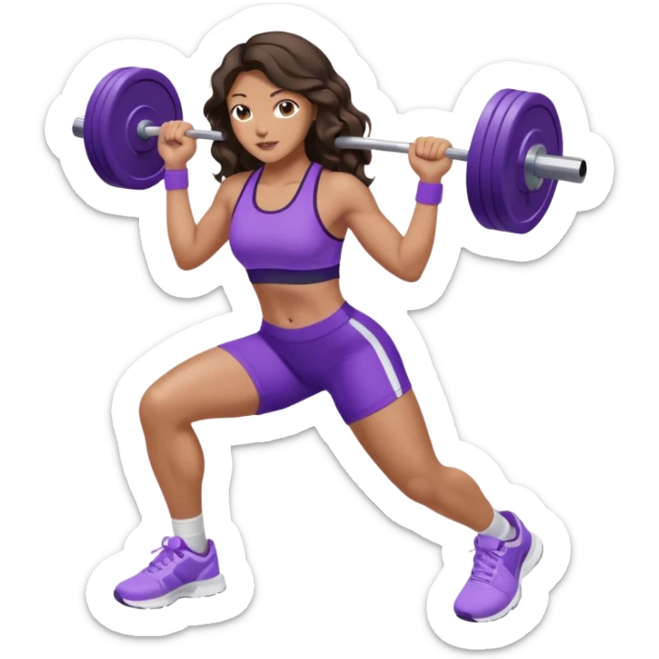 mujer de tez trigueña, con cabello castaño oscuro ondulado con pequeñas ondas, con el cabello super largo hasta las rodillas estilizado, con ropa deportiva morada/lila, tenis blancos deportivos y levantando una pesa sticker