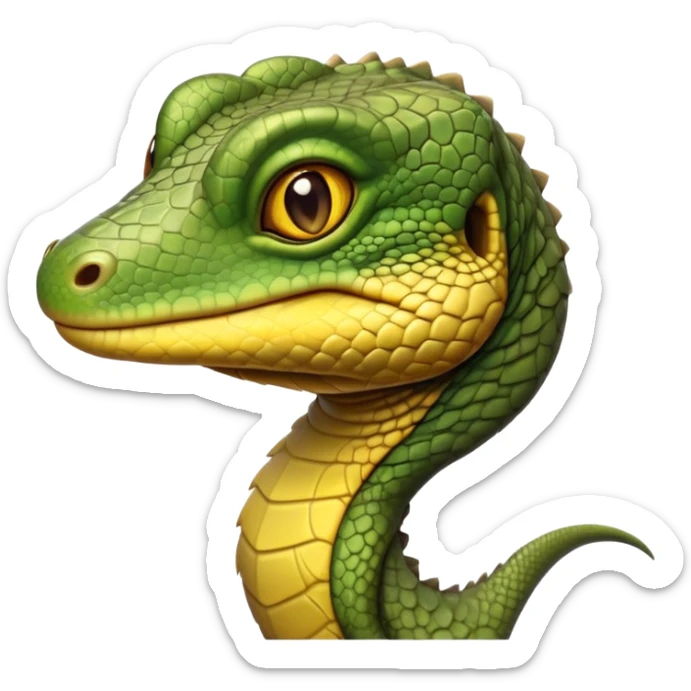 cinematic-realistic-cute-monitor-lizard-portrait-emoji,-head-tilted-playfully-and-inquisitively,-featuring-a-compact,-agile-body-with-finely-detailed,-glossy-scales-in-earthy-olive-hues-and-a-distinct,-alert-face-with-bright,-curious-eyes, yellow and dark green sticker