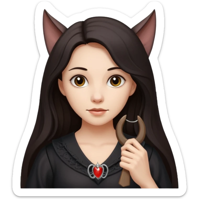 woman with long dark hair holding a horsehoe bat sticker