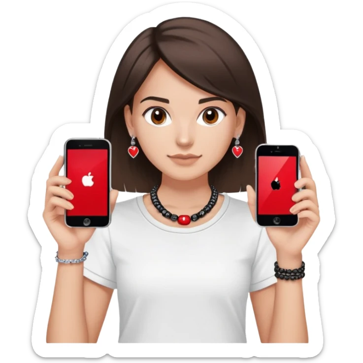 brunette girl with wavier medium length hair, brown eyes, light/medium skin tone, holding two phones - one iPhone and one plain black phone without Apple logo, wearing red Adidas t-shirt, simple silver hoop earrings, and a colorful beaded charm necklace sticker