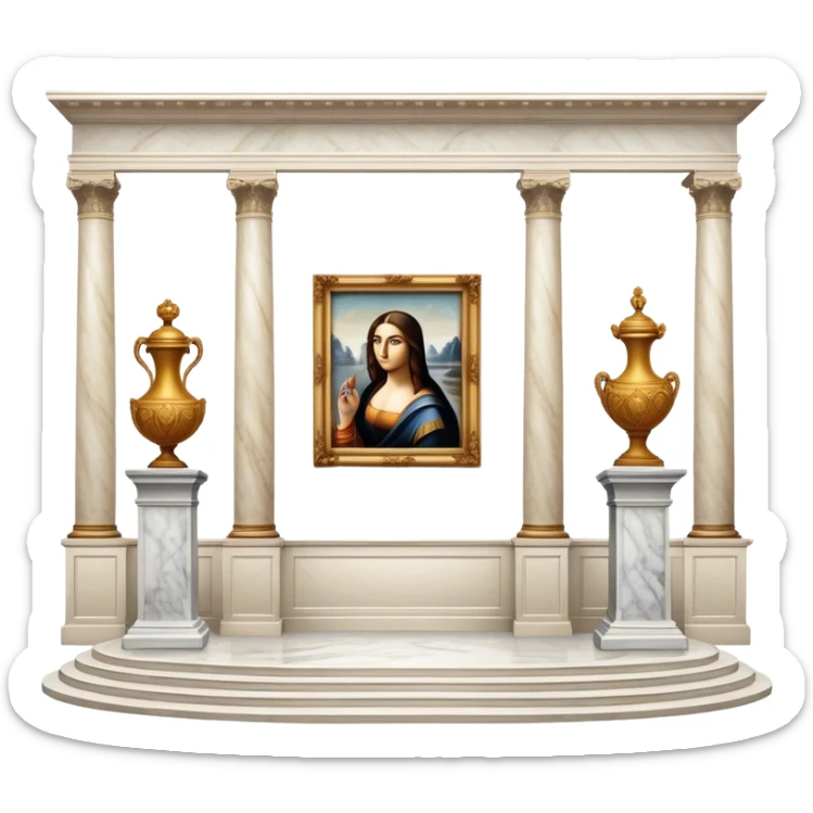 An icon featuring an elegant art gallery with classic paintings hanging on the walls, and sculptures displayed on pedestals. Visitors admire the exhibits, capturing the essence of culture, history, and art. Set against a transparent background. sticker