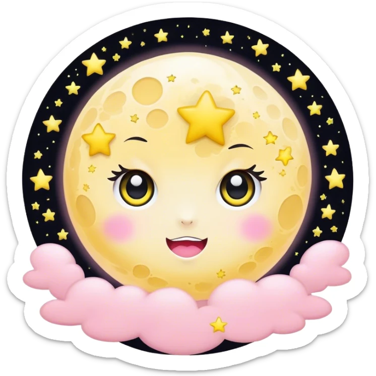 Full Moon and surrounded by stars light pink and yellow kawaii with black wide eyes sticker