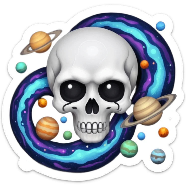 image of deep black space, with planets, stars an a galaxy, in the style of your bleeding skull art. sticker