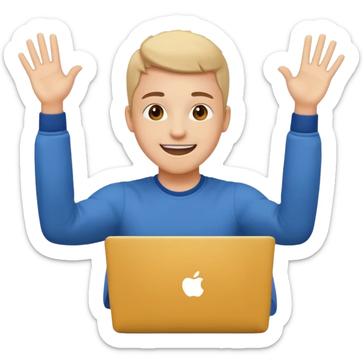 college student smiling in front of a laptop, arms raised in a hooray position, emoji style sticker