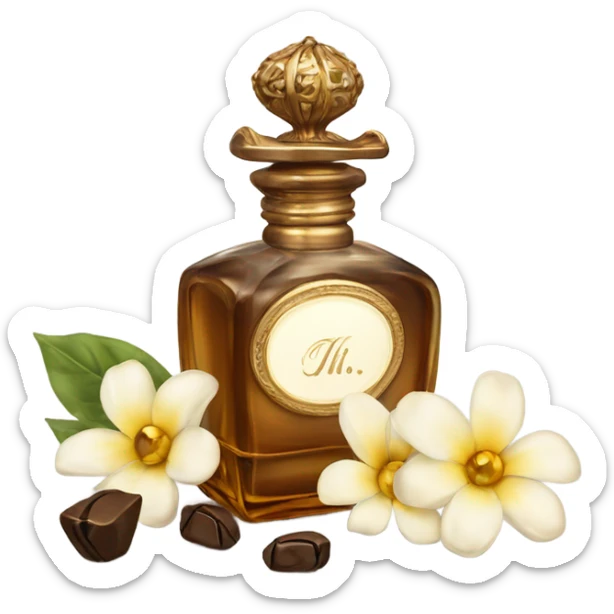 An antique perfume bottle with oil made of bronze and brown crystals, from which white cream and coffee milk flow, yellow flowers of fragrant vanilla lie next to it sticker