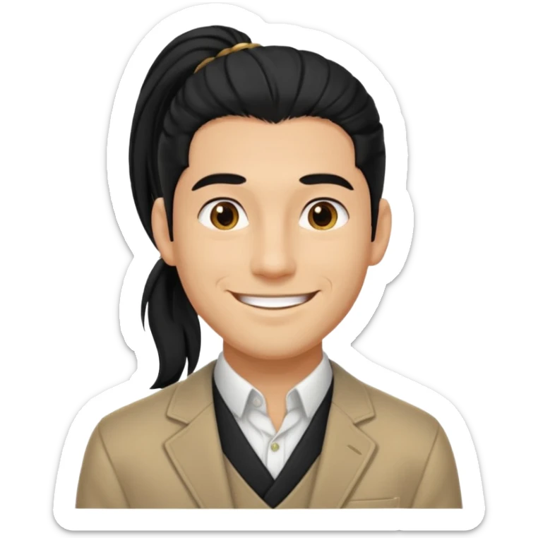 black long pony tail hair man with polite outfit smile warmly sticker