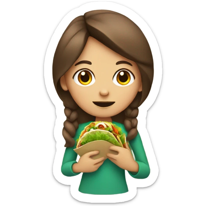 Girl with brown hair eating a vegan veggie taco sticker
