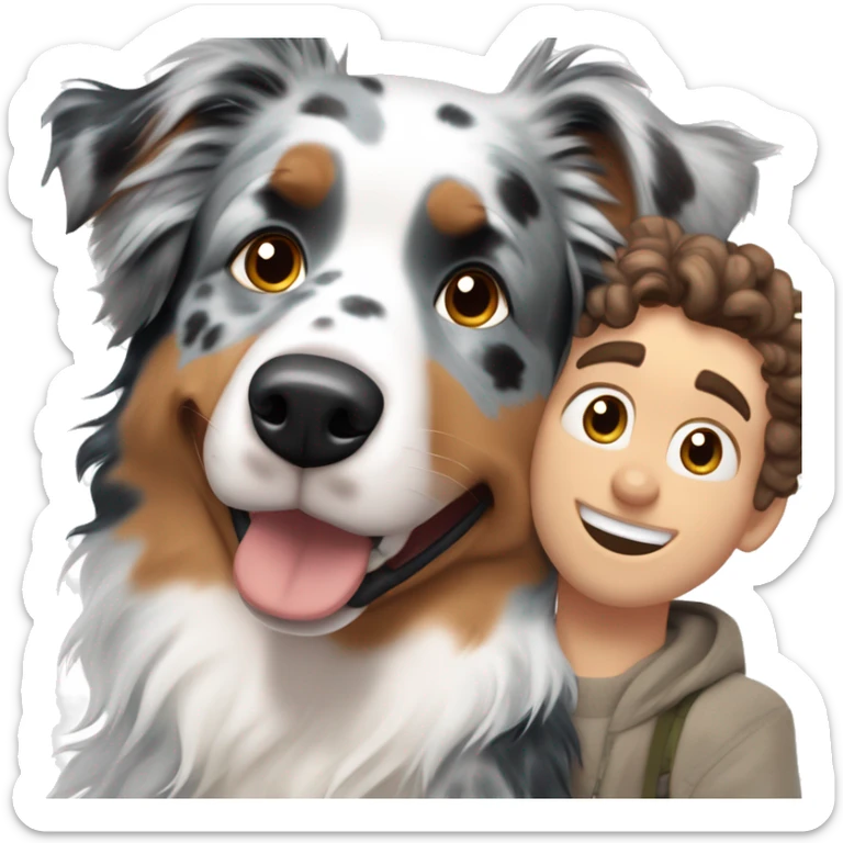 blue merle australian shepherd dog next to owner white boy brown curly hair sticker