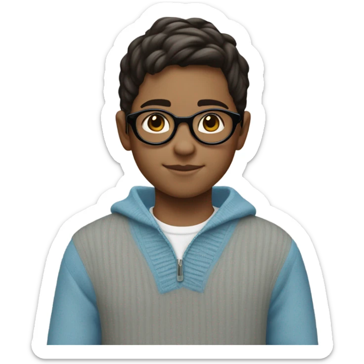 A little boy that is about 10 years old, fair skin, wearing circular glasses and dark brown hair and a light blue sweater sticker