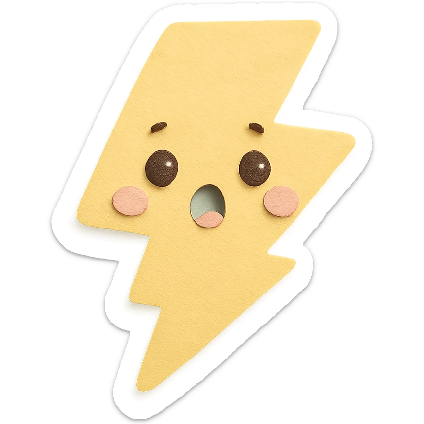 kawaii yellow lightning bolt, surprised face, no arms or legs, full body, soft pastel palette, paper craft style sticker