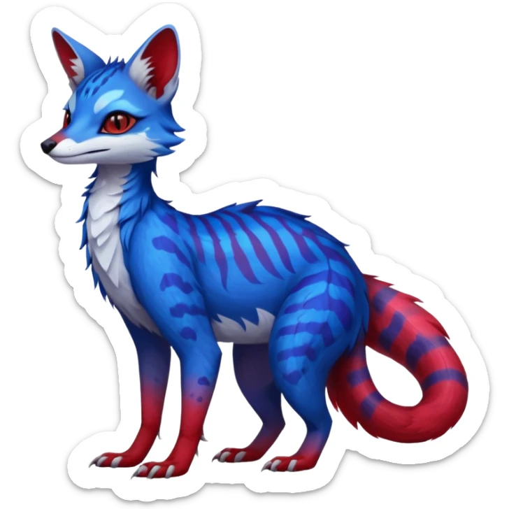 Feral Rare Fantasy vibrant cobalt-blue-crimson-red-gradients-colored colorful Vernid-Sergal-Genet-Trico-species by LiLaiRa, random markings, tufted tail, tufted ears, full body sticker