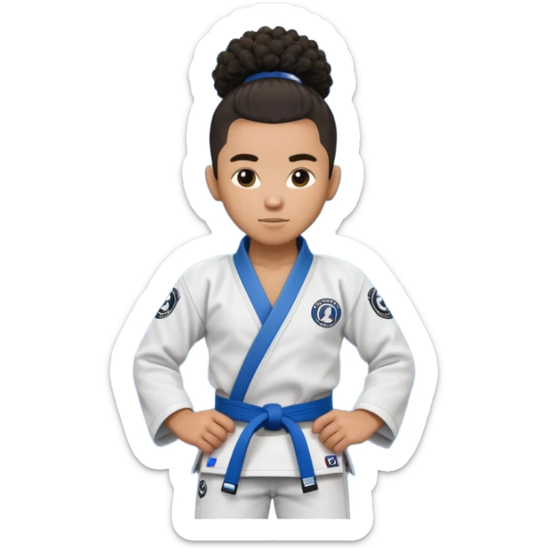black jiu jitsu instructor with a afro ponytail and a low taper fade sides haircut, and a small fade on the sides with a blue belt and roger Gracie academy logo on the gi sticker