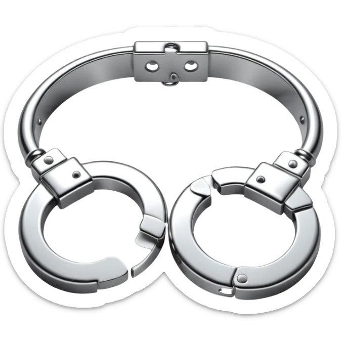 A pair of elegant handcuffs emoji made of silver chrome, smooth rounded design, glossy metallic reflections, luxury fetish aesthetic, minimal iOS emoji style, centered, clean white background sticker