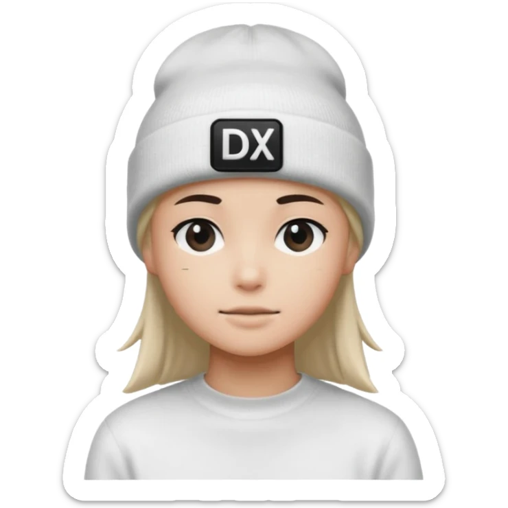 wearing a white beanie with an black square logo with the word "DX" written on it.

 sticker