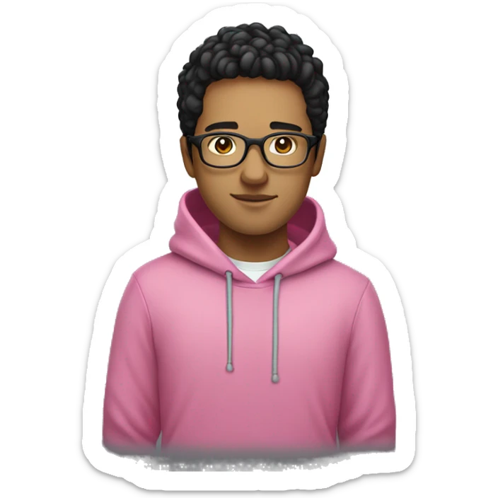 young white guy with short black hair and rounded silver glasses with a pink hoodie on sticker